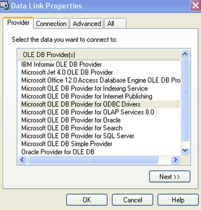 Selecting the Microsoft OLE DB Provider for ODBC Drivers in the Data Link Properties dialog